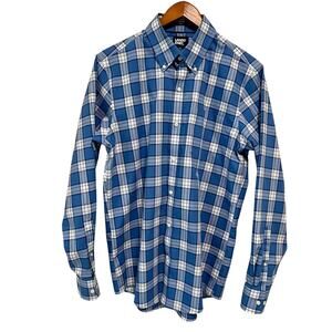 Lands End Mens Medium Blue Plaid No Iron Twill Button Down Shirt Cotton